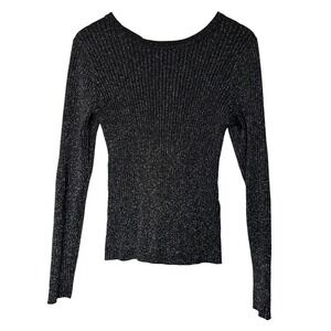ICHI Sweater Size M Ihcosimo Pullover Open Back Laced‎ Black Silver Ribbed Knit